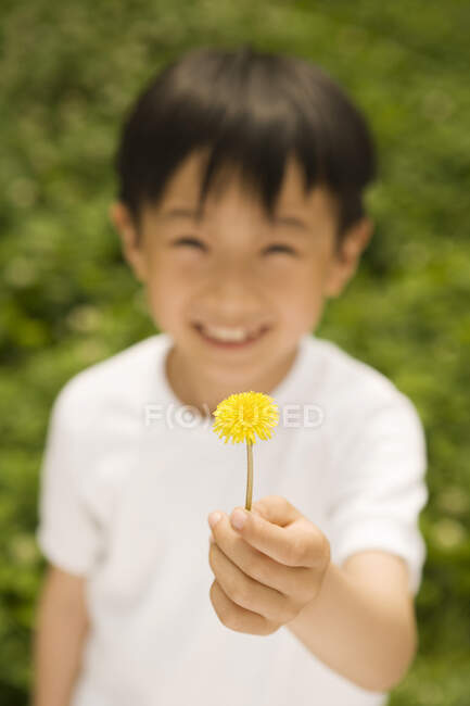 Jeune garçon chinois tenant une fleur, souriant — Photo de stock
