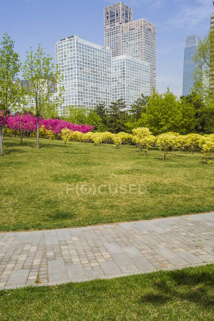 Stadtpark-Szene mit Grünflächen und Gebäuden, China — Stockfoto