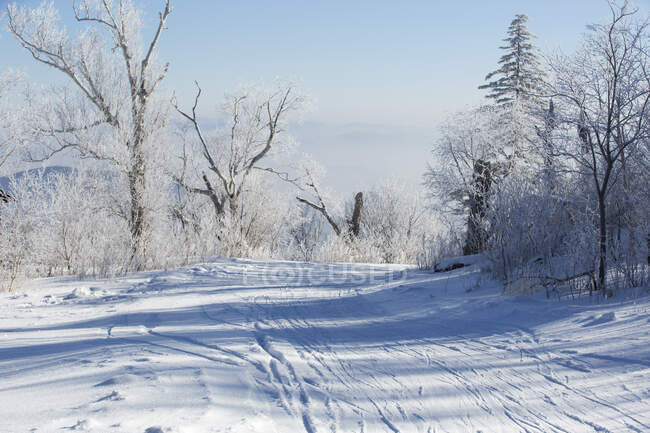Zona llanura nevada en el paisaje montañoso, China - foto de stock