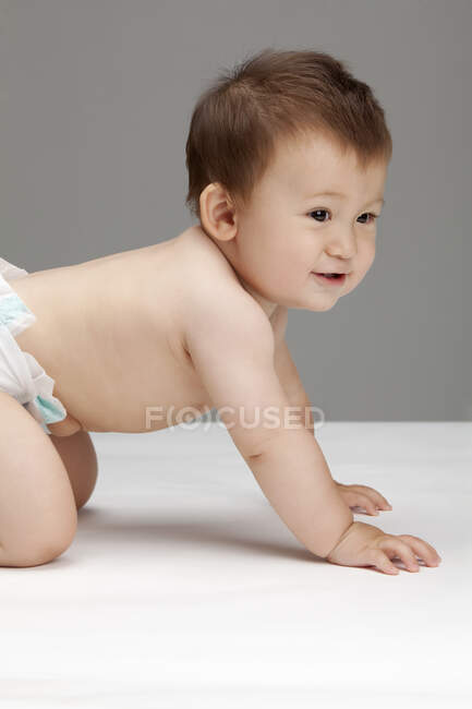 Studio shot of a cute Chinese baby boy crawling — Stock Photo