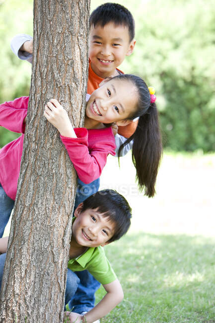Portrait of Chinese children playing under a tree — Stock Photo