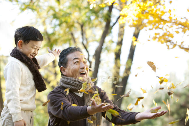 Chinese boy with grandfather watching leaves fall — Stock Photo