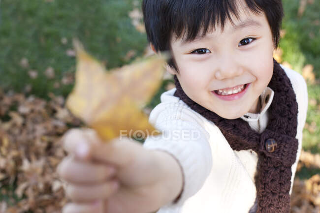 Chinese boy holding up a leaf in autumn — Stock Photo