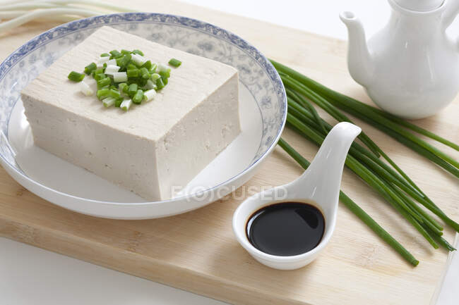 Тофу в миске с соевым соусом и зеленым луком — стоковое фото