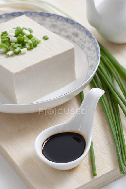 Tofu en tazón con salsa de soja y cebolla verde - foto de stock
