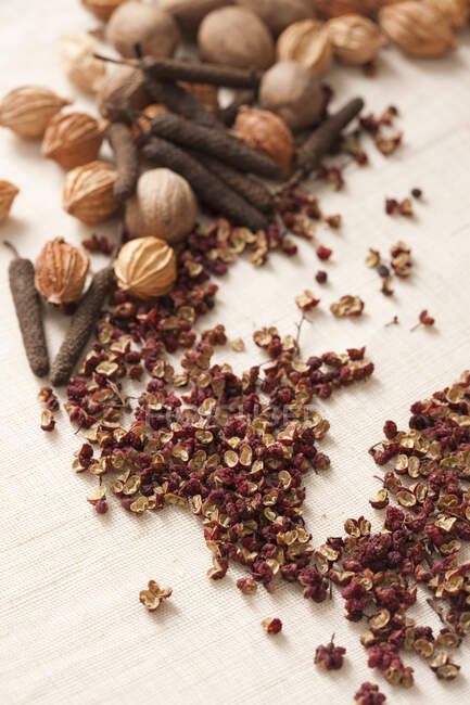 Various dry spices and nuts on table — Stock Photo
