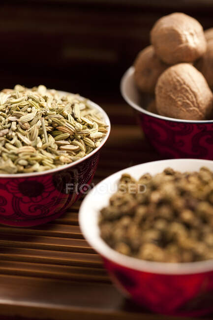 Petits bols chinois avec diverses épices — Photo de stock
