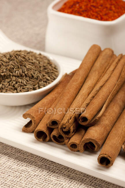 Cinnamon sticks and caraway in bowl, close up shot — Stock Photo