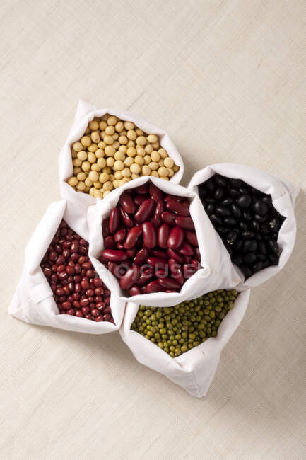 Sacs pleins de haricots noirs, rouges, verts et de soja — Photo de stock