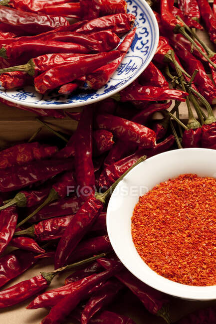 Dried chili peppers and seeds in bowl, close up shot — Stock Photo