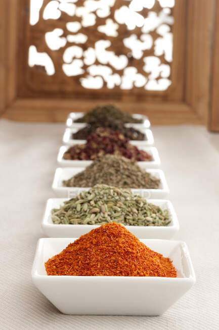 Various spices in square bowls in line on table — Stock Photo