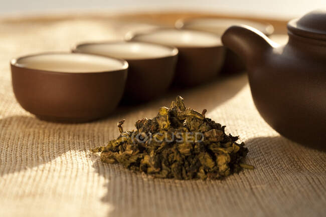 Hojas secas de té, olla y tazas a la luz del sol - foto de stock