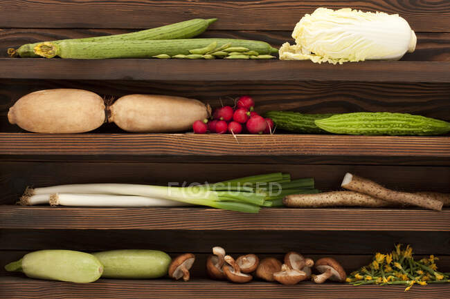 Varias verduras frescas en estante de madera - foto de stock