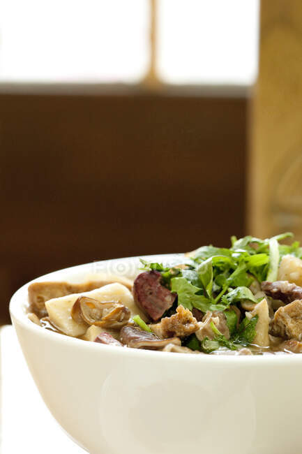 Comida tradicional chinesa, porção de sopa de haslet de ovelha com ervas na tigela — Fotografia de Stock