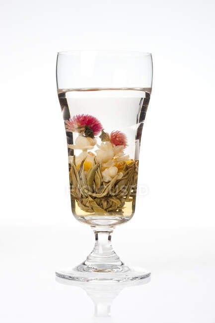 Té de hierbas tradicional chino en vidrio aislado sobre fondo blanco - foto de stock