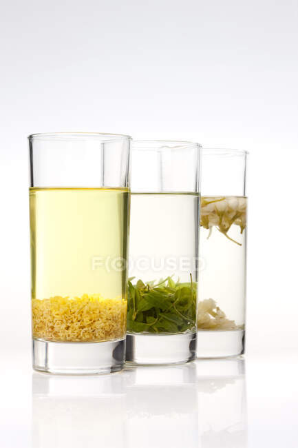 Té de hierbas tradicional chino y té verde en vasos aislados sobre fondo blanco - foto de stock