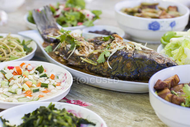 Vários alimentos chineses cozidos servidos em pratos — Fotografia de Stock