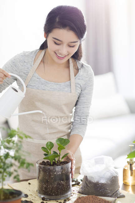 Jeune femme chinoise arrosage plante à la maison — Photo de stock