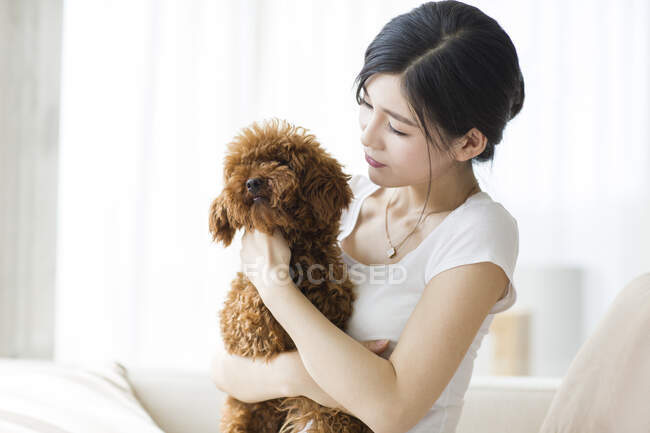 Young Chinese woman playing with a pet poodle at home — Stock Photo