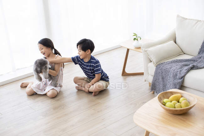 Happy Chinese sibling playing with dog in living room — Stock Photo