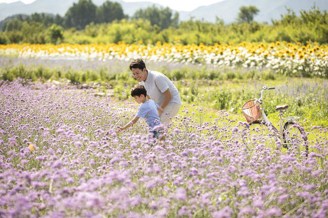 Китайський батько і син на квітковому полі. — стокове фото