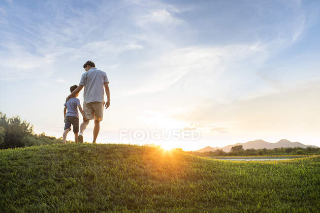 Padre e hijo chinos en el prado - foto de stock