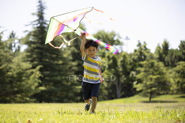 Счастливый маленький китайский мальчик бежит с воздушным змеем на лугу — стоковое фото