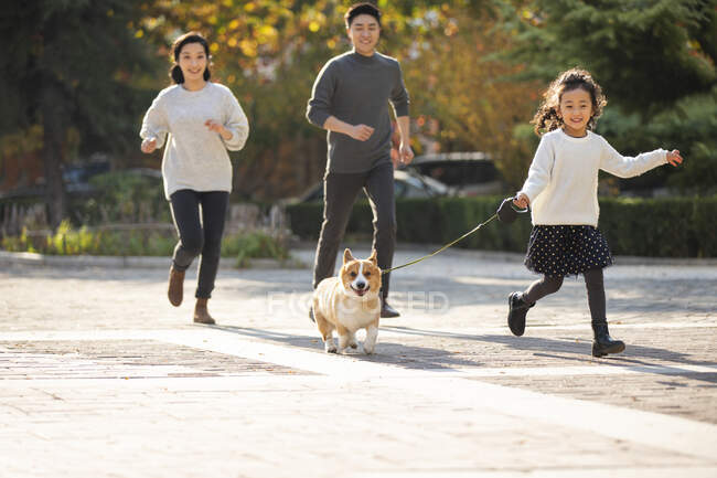 Joyeux jeune famille chinoise et chien de compagnie dans le parc — Photo de stock