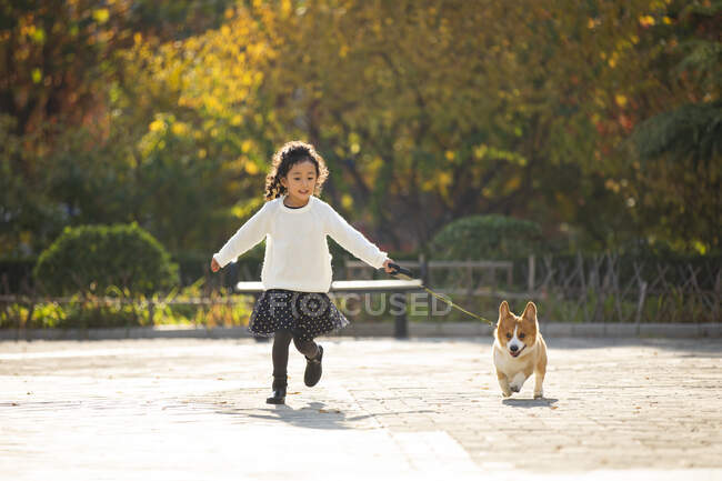 Little Chinese girl playing with pet dog in park — Stock Photo