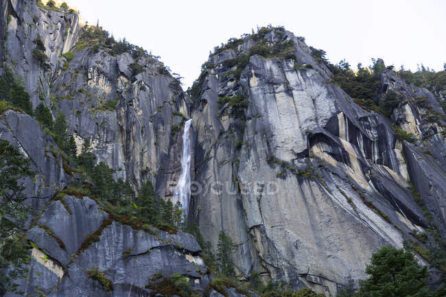 Низький кут зору потоку водоспаду зі скель з зеленню — стокове фото