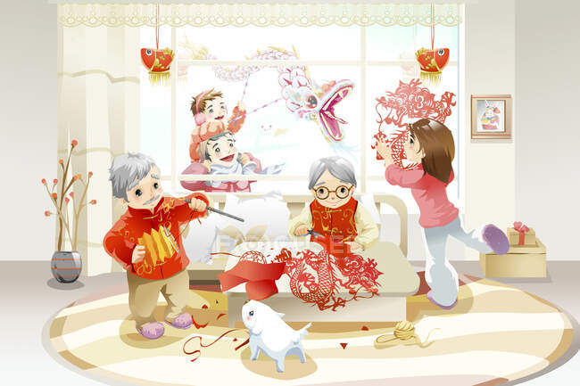 Familia celebrando el Año Nuevo Chino en casa - foto de stock