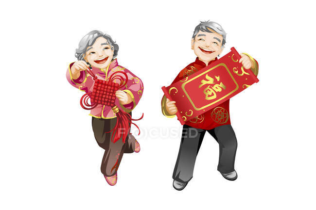 Coppia anziana che tiene decorazioni cinesi di Capodanno — Foto stock
