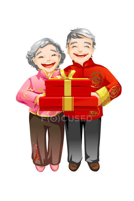 Senior couple wearing traditional chinese clothes holding gifts — Stock Photo