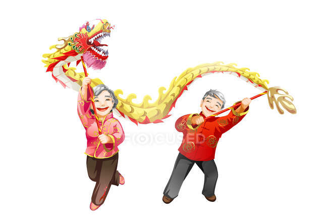 Senior couple playing chinese dragon dancing — Stock Photo