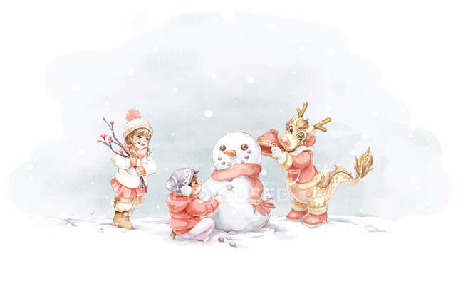 Enfants construisant bonhomme de neige avec dragon chinois — Photo de stock
