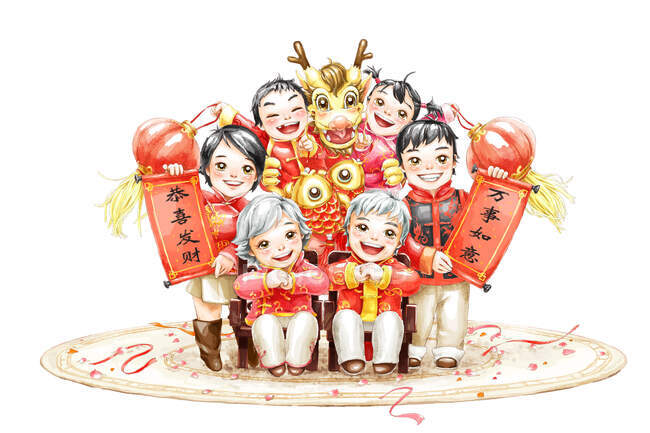 Family celebrating Chinese New Year with dragon — Stock Photo