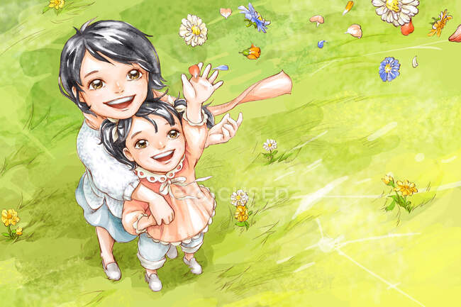 Mother and daughter standing on green lawn and catching falling flowers — Stock Photo