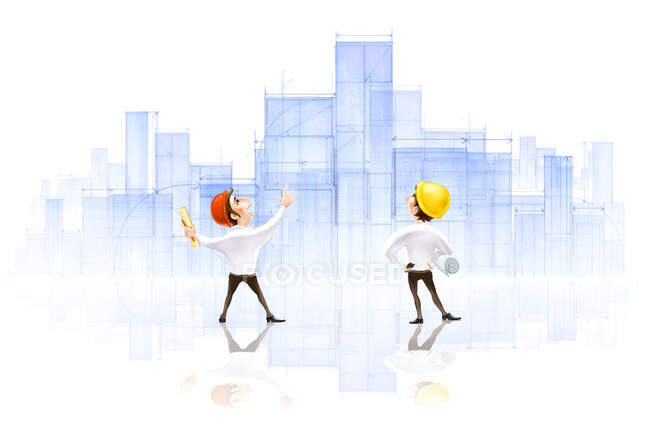 Architects wearing protective helmets looking at building scheme — Stock Photo