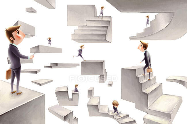 Homens de negócios de desenhos animados em escadas isoladas no fundo branco — Fotografia de Stock