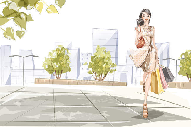 Stylische junge Frau mit Einkaufstüten auf der Straße — Stockfoto