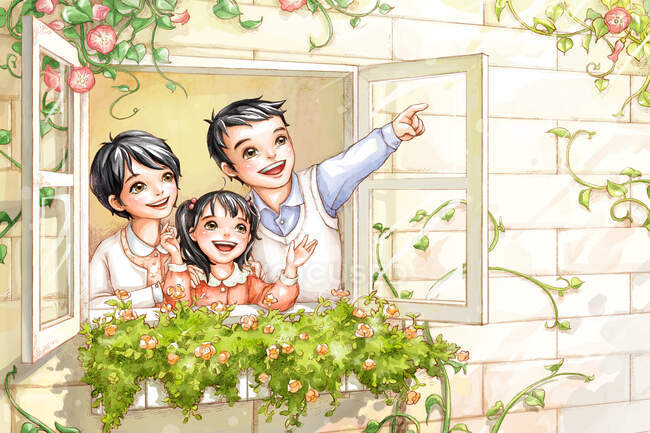 Famille regardant par la fenêtre entourée de plantes — Photo de stock