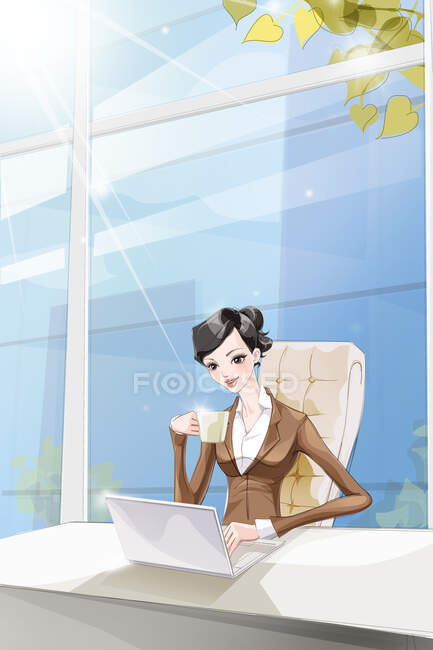 Businesswoman using laptop sitting at desk with coffee cup — Stock Photo
