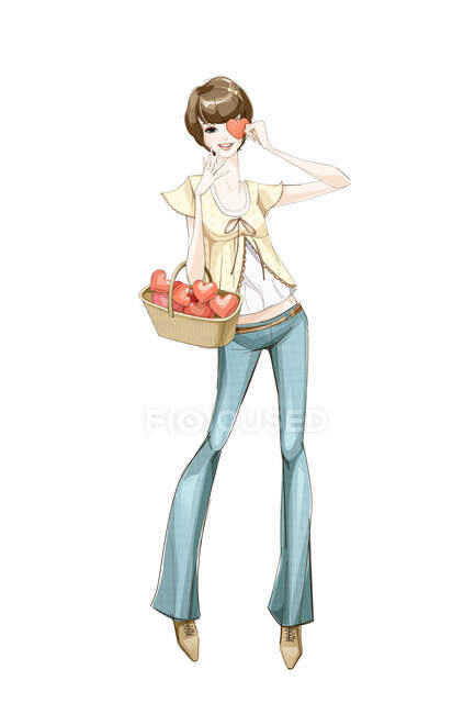 Молодая стильная девушка с сердцами в корзине — стоковое фото