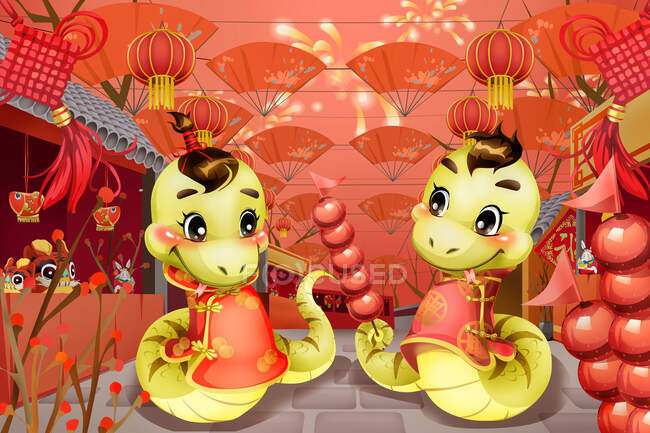 Serpientes de dibujos animados en la feria del templo, año nuevo chino - foto de stock