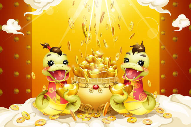 Cartoon snakes and Chinese treasure basin for Chinese year of snake — Stock Photo