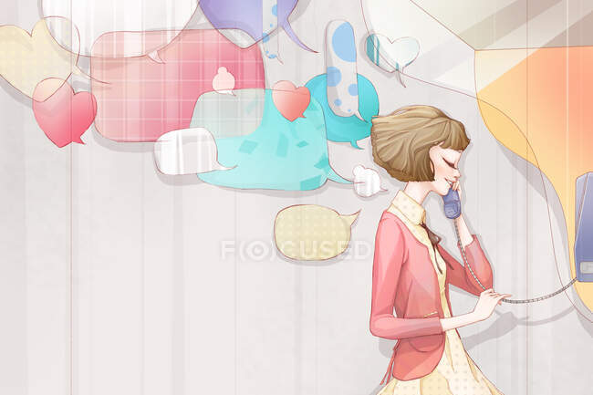Cartoon woman talking on phone with speech bubbles and hearts — Stock Photo