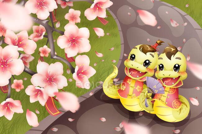Zeichentrickschlangen mit Pfirsichblüten, Chinesisches Neujahr der Schlange — Stockfoto