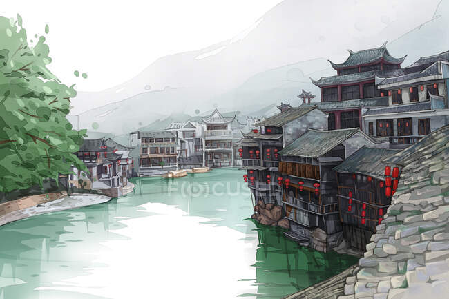 Ilustración de edificios chinos y montañas sobre el lago - foto de stock