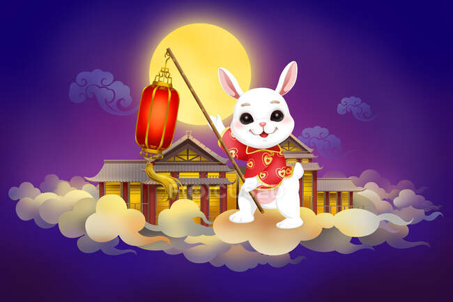 Полнолуние, здание и кролик в традиционной китайской одежде с ленточками — стоковое фото