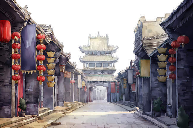 Calle con edificio chino tradicional en el casco antiguo de Pingyao - foto de stock